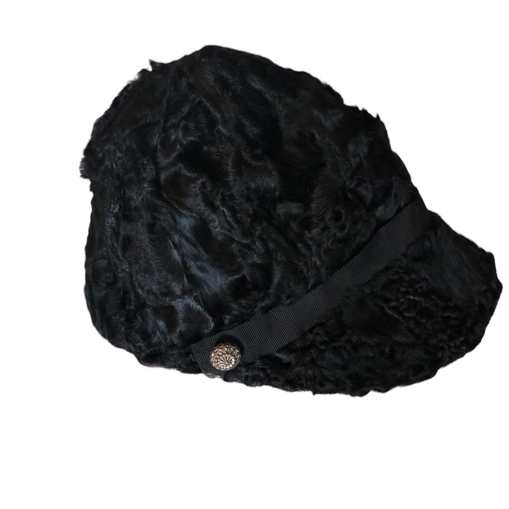 Vintage black mink brimmed hat cap with silver decorative buttons